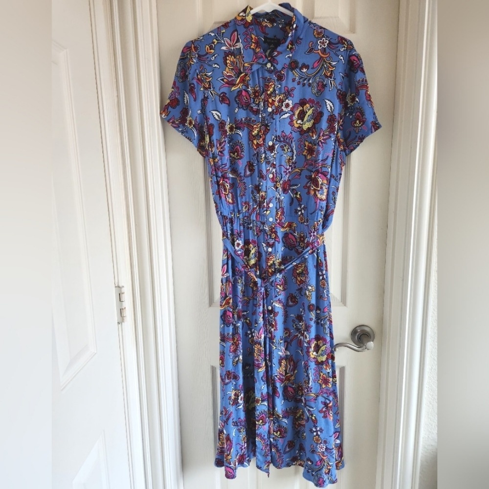 Talbots Floral Midi Shirt Dress 12 Button Front Tie Waist Fit Flare Cottagecore - Picture 2 of 12